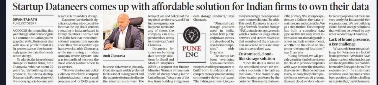 Indian Express clipping: Startup Dataneers comes up with affordable solution for Indian firms to own their data